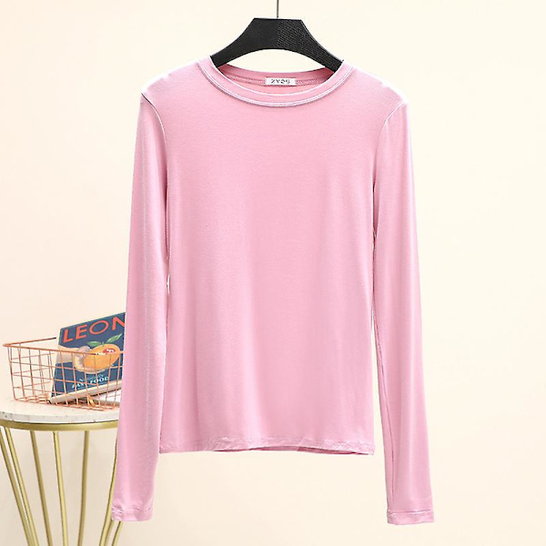 Basic T-shirt O-halsad Långärmad Kvinnor Höst Bottom T-tröjor All Match T-shirt Plus Size Undertröja M rosa M pink