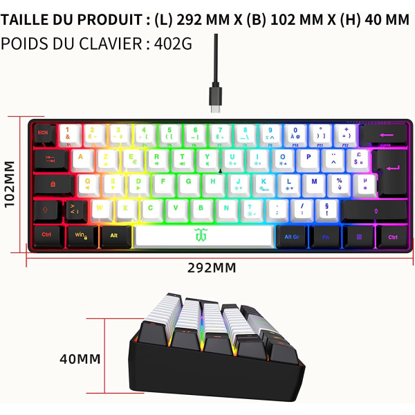 Gaming-tastatur 60 % QWERTY Sort/hvid Kablet RGB-baggrundsbelyst, 61-tasters gaming-tastatur