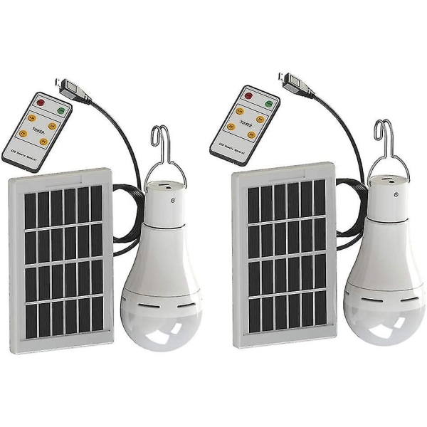 Led solcellelampe, 9w solenergi super lyse pærer med fjernbetjening-sol camping / nødlys til campingvandring, 2 stk.