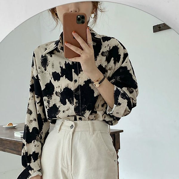 Naisten Puserot Paidat Käännettävä kaulus Muoti Sifonki Printed Casual Retro Korean Tyyli Street Wear Löysä Yksinkertainen Korkealaatuinen M