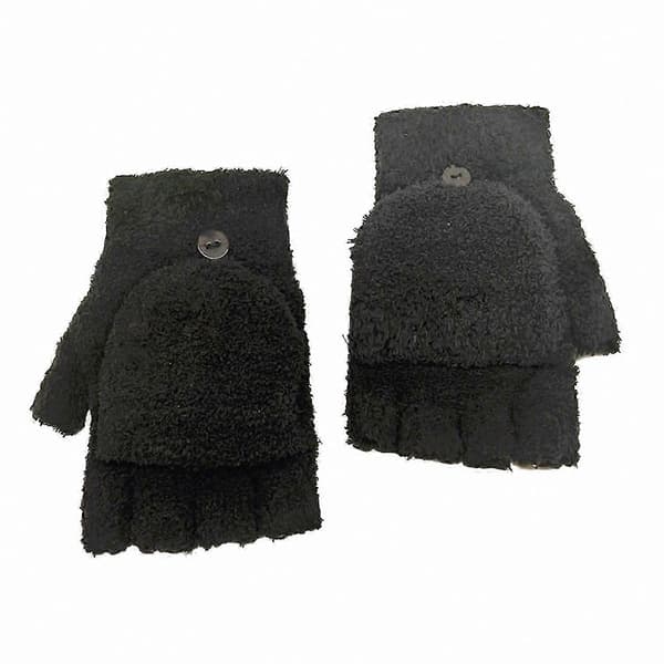 Dame halvfingerhandsker, bløde varme vinterhandsker med fluffy, strækbare flip-handsker Black One Size