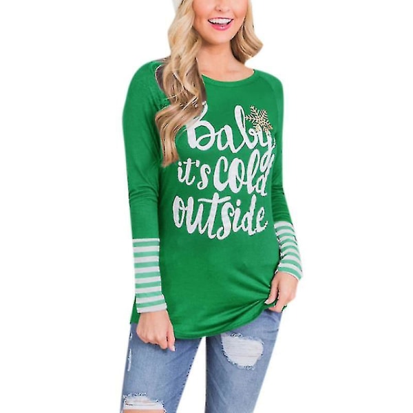 Hhcx-kvinder julestribet langærmet T-shirt Bluse Tee Shirt Top Green S