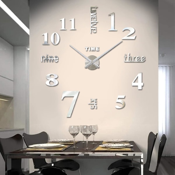 Ramlös Väggklocka, 3d Ytspegel Väggklocka Modern Design Stora Mute Väggklockor Klistermärken