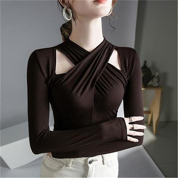 Höst Vinter Sexig Grimma Ihålig Elegant Svart Kaffe Basic Dam Toppar Mode Långärmad Slim Fit T-shirt Kvinnor Kläder M Kaffe M Coffee