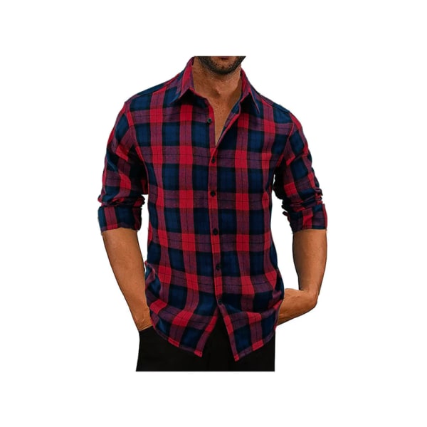 Rutig flanellskjortor för män Casual Button Down medelviktiga skjortor för män - Röd