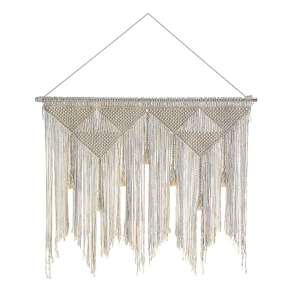 Macrame Vägghängande Boho vävd gobeläng, Beige Vit Tofs Dekor Gardin Bakgrund (trä Stick Ej