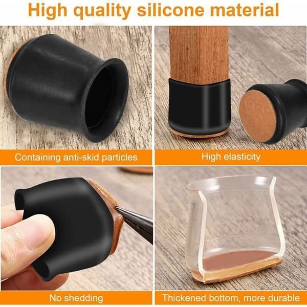Silikongulvbeskytter - 35-40 mm - 24 dele - Integreret filt - Elastisk - Sort