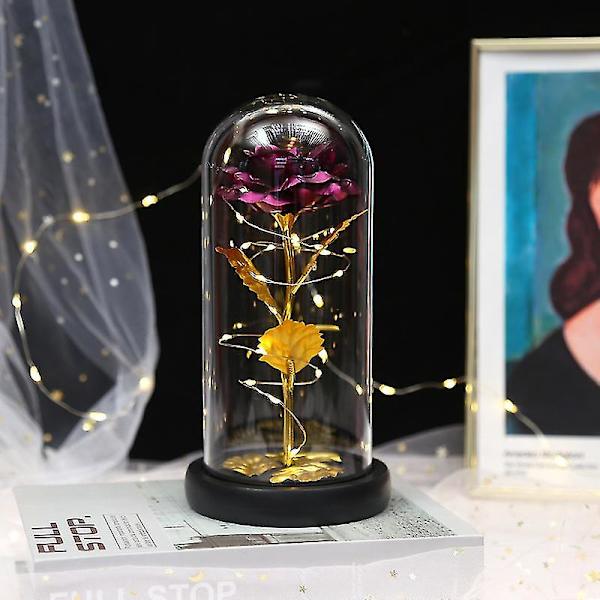 Eternal Roses Beauty And Animal Rose Kit i Glasskuppel Led-lys Kunstige blomster Rosegaver Til Kvinner Mammagave Purple