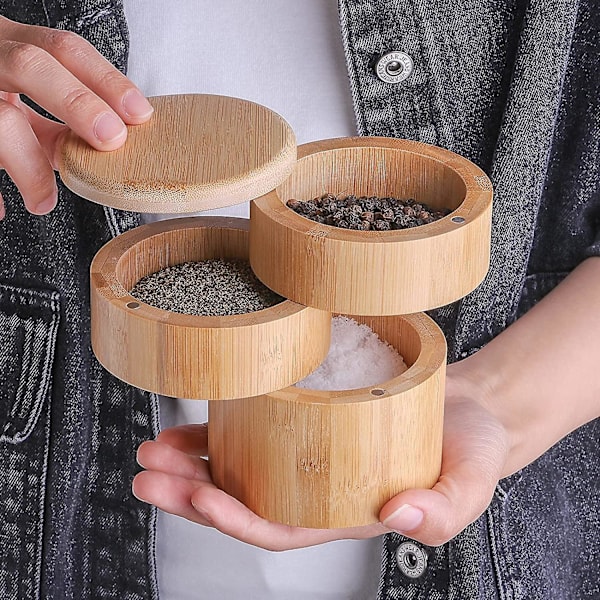 3 Tiers Bamboo Salt Box Triple Bamboo Spice Box With Magnetic Swivel Lid
