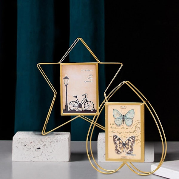 Fotoram Järnkonst Glas med hög klarhet S/l Femuddig stjärna/hjärtformad Fristående Gyllene färg Skrivbordsskärm Metallkuva Decorative_a_nx L Pentagram