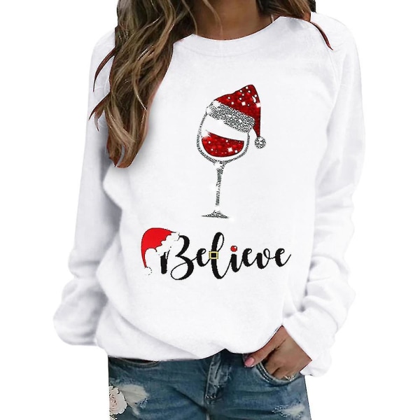 Joulu Naisten pitkähihainen T-paita Xmas Print Casual Loose Tops Pusero White M