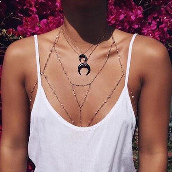 Naisten Alloy Bead Body Chain Beach Bikini Valjaat Kaulakoru Bralette Chain Sl