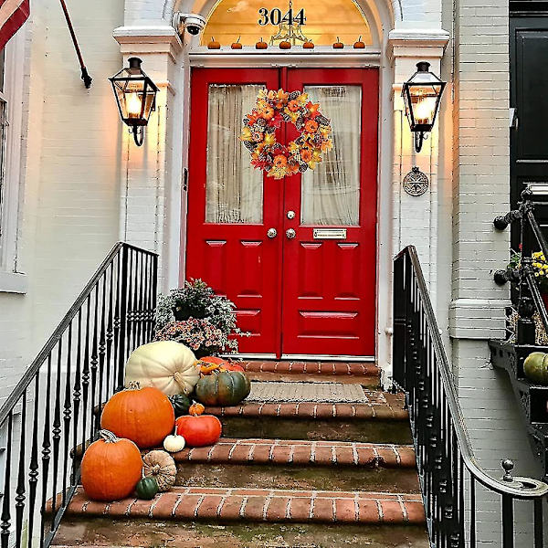 Höstkransar Med Led Ljus 40cm Höst Lönnblad Pumpa Bär Garland Konstgjord blomsterkrans Ytterdörr för Halloween Jul Thanksgiving Wall