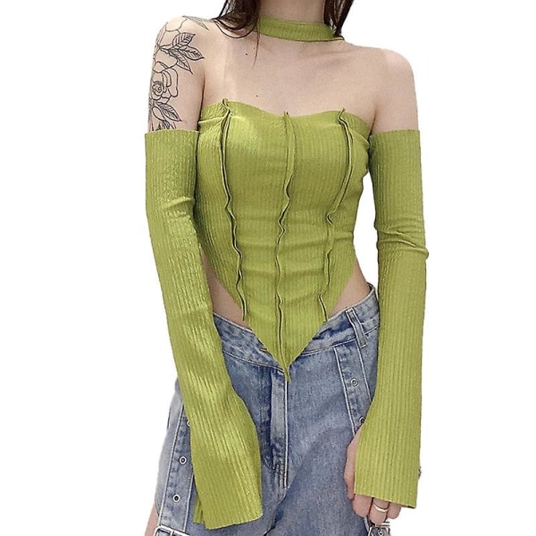 Crop Tops för kvinnor Kläder Harajuku Halter Neck Off Shoulder Långärmad Enfärgad Sexig Korsett Top T-shirt för unga damer Green M