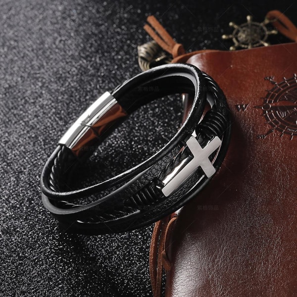 Flätat handgjort läder magnetiskt spänne kors armband i rostfritt stål herrsmycken i titanstål Black Gold Buckle 19cm