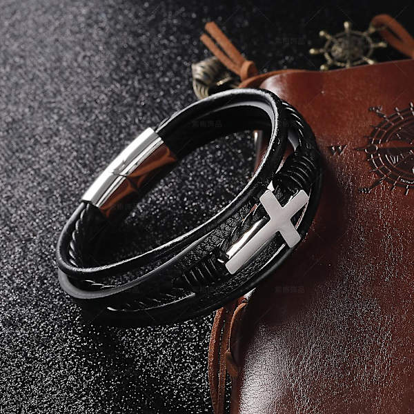 Flätat handgjort läder magnetiskt spänne kors armband i rostfritt stål herrsmycken i titanstål Black Gold Buckle 21cm