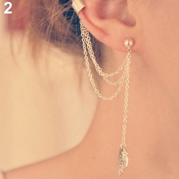 1 kpl Punk Tupsut Ketju Leaf Fish Cross Charms Ear Stud Cuff Korvakoru Koru Lahja