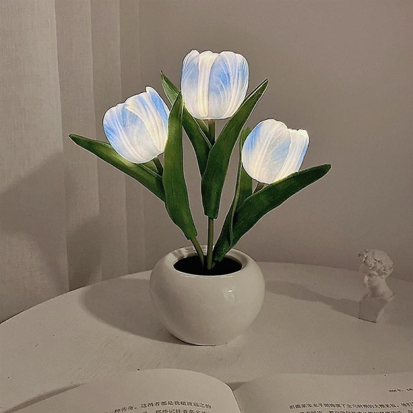 Led Tulip Night Light Simulation Flower Pöytävalaisin Kodinsisustus Tunnelmalamppu Romanttinen ruukkulahja toimistoon/huoneeseen/baariin/kahvilaan USB Rechargeable 3 Head Blue Tulip