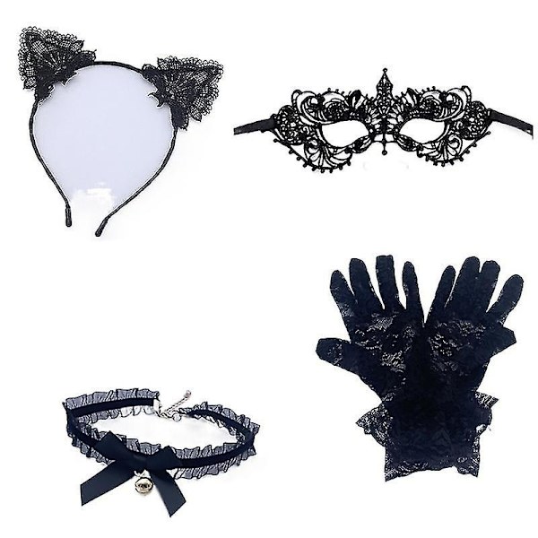 Halloween-rekvisiitta Söpö Bell Kissa Pukeutuminen Valkoinen Pitsinaamari Kissan Korvat Pääpanta Set Black net gloves