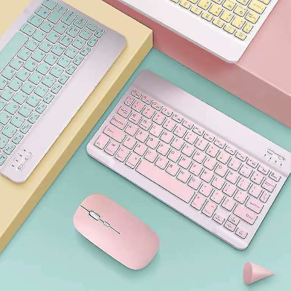 Protable trådlöst Bluetooth tangentbord och mus Combo Uppladdningsbar sladdlös 10 tum Pink