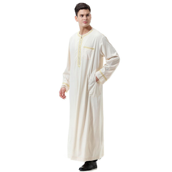 Mænd Muslim Saudi Robe Kaftan Dubai Tunika Lang Top Bluse Thobe beige M