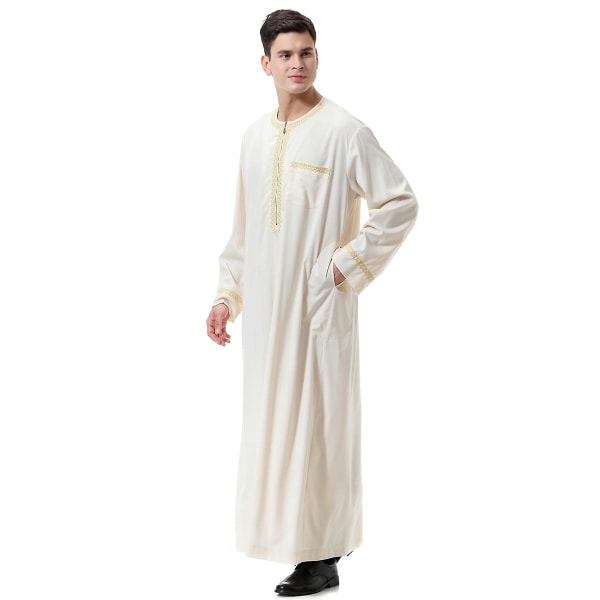 Mænd Muslim Saudi Robe Kaftan Dubai Tunika Lang Top Bluse Thobe beige XL