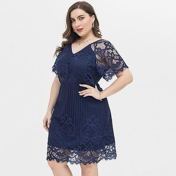 Xl-4xl Dam V-ringad Kortärmad Festklänning Plus Size Klänning Marinblå 2753 XXL