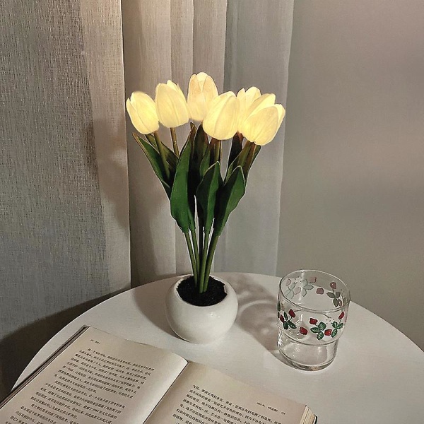 Led Tulip Night Light Simulation Flower Pöytävalaisin Kodinsisustus Tunnelmalamppu Romanttinen ruukkulahja toimistoon/huoneeseen/baariin/kahvilaan USB Rechargeable 6 Head White Tulip