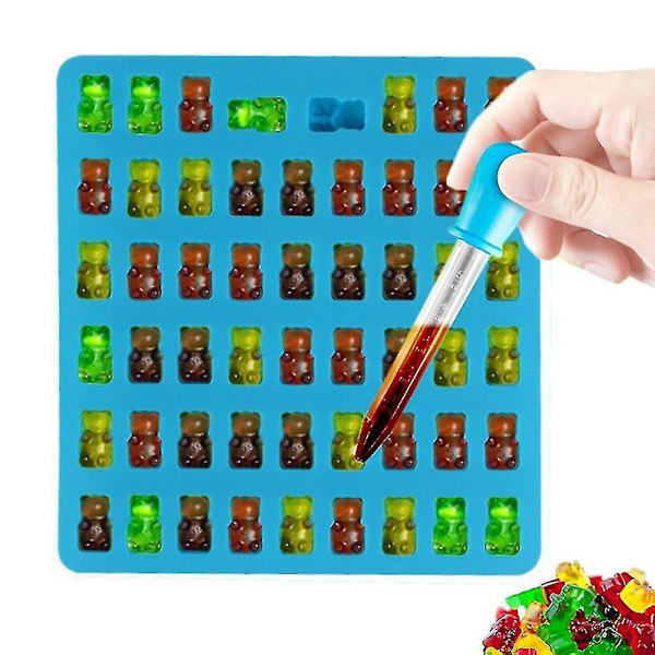 4 sæt 53 hulrum Bjørn silikone chokoladeform Gør-det-selv gummiform med dropper slikbakke til gelékage isterning (blå+rød+grøn+orange)