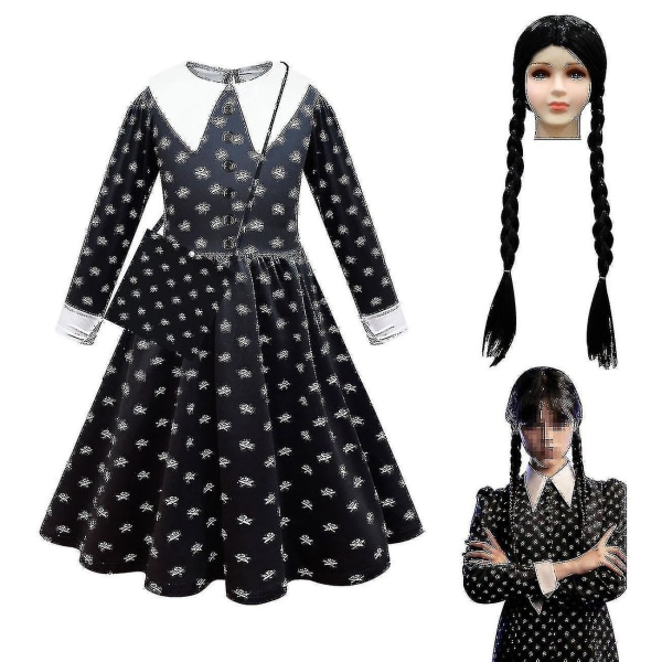 Piger onsdag Addams Cosplay onsdag Dansekjole Kostume Med paryk