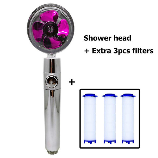 Nytt propellerduschhuvud Högtrycksvattenbesparande överladdat turboduschhuvud med fläktfilter Regnbaddusch Purple and filters