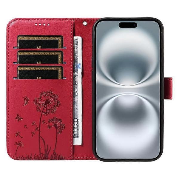 Kompatibelt Læderetui Pungcover med Mælkebøtteprint til iPhone 16 Red