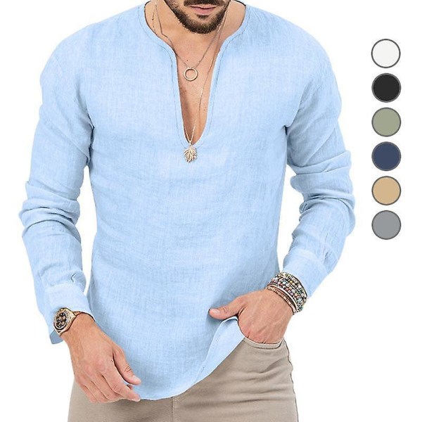 Langærmet langærmet slim linned T-shirt til mænd himmelblå M