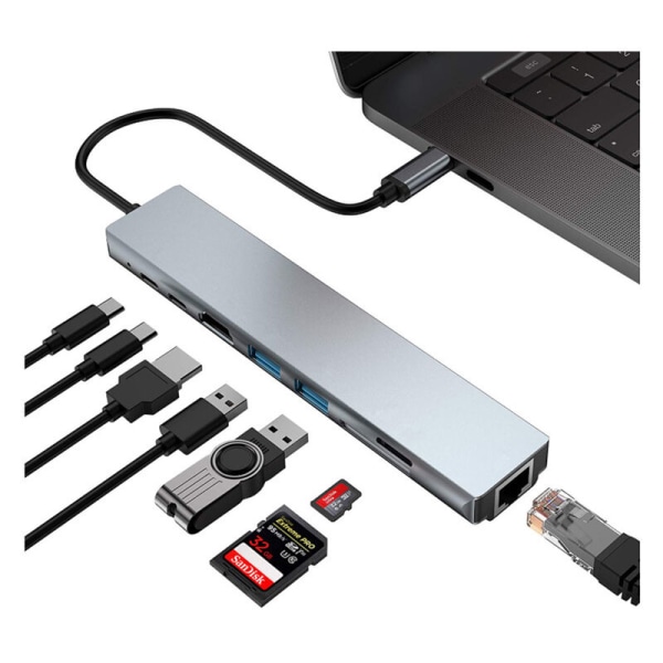8 i 1 Mac-tilbehør USBC-adapter 4K HDMI, Ethernet, 2 USB 3.0, SD/TF-kortlæsning