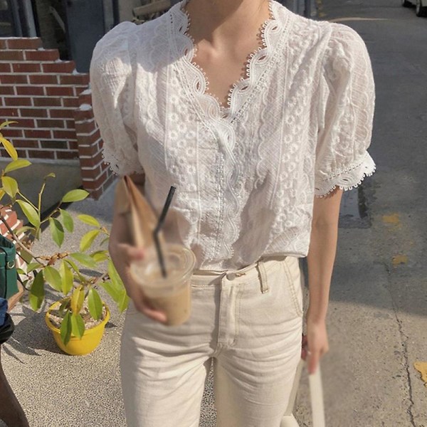 Kontor Dame Blonde Border Shirt Mode Kvinder Hollow Out Hvid Bluse Enkel Casual V-hals Kortærmede Bluser Og Toppe White XL