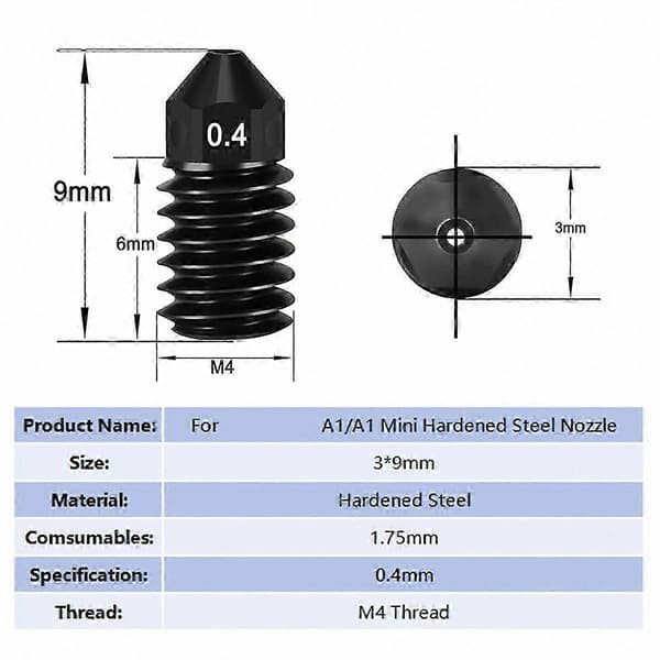 6 stk 0,4 mm herdede ståldyser for Bambu Lab A1/A1 Mini 3D-skriver, reservedeler til hotend-ekstruder