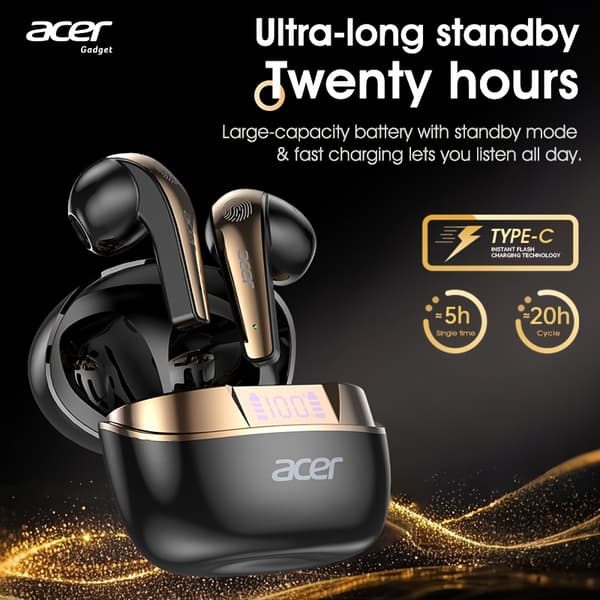 【BQ】[Ekte Acer] TWS Trådløse Hodetelefoner, Hi-Fi Høyoppløst Dekoding 【Sort】