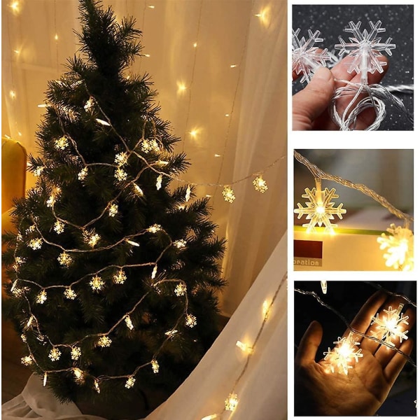 Julelys, Snowflake String Lights Fairy Lights Batteridrevet Warm White With Flashing 6M