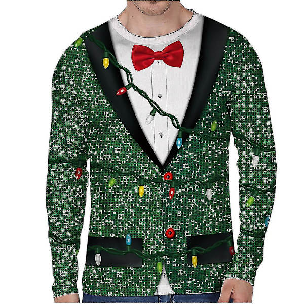 Hhcx-christmas Men Long Sleeve Pizza Elf Tuxedo Print T-shirt Xmas Novelty Top Green S