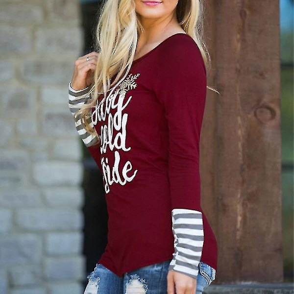 Hhcx-women Christmas Striped Long Sleeve T-shirt Blouse Tee Shirt Top Red 2XL
