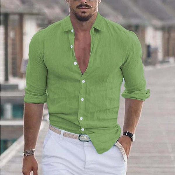 Herr bomull Linne Lapel Beach Shirt grön S