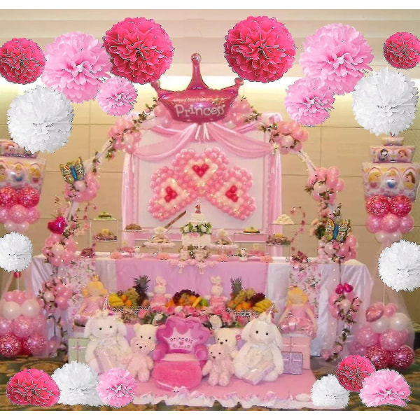 Pakke med 18, lyserøde Pom Poms-blomster, dekorationspapirsæt til fest