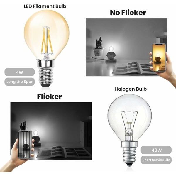 E14 Filament G45 LED-glödlampa, 4W (40W ekvivalent), 220V 380lm, paket med 6