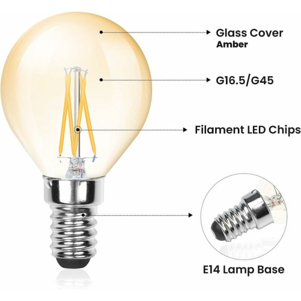 E14 Filament G45 LED-glödlampa, 4W (40W ekvivalent), 220V 380lm, paket med 6