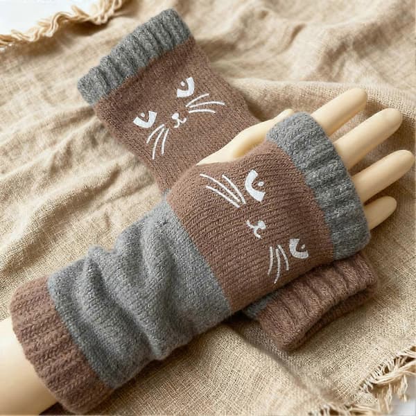 【BQ】Kat Splejsning Strikkede Handsker Strikkede Fingerløse Handsker Touch Screen Vinter Varme Patchwork Broderede Handsker Pink