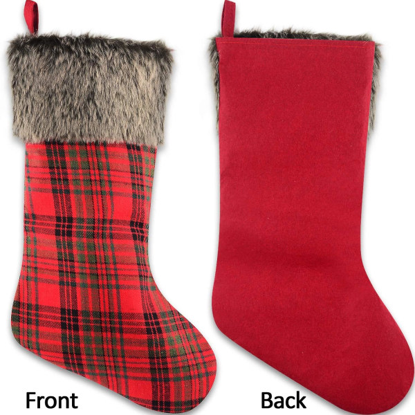4 Pieces Christmas Stockings Christmas Fireplace Hanging Socks Decoration Stockings with Plush Faux Fur Cuff for Christmas Party Decorations, Plaid