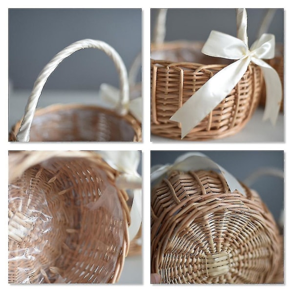 Wicker Woven Flower Basket, With Handle And White Ribbon, Wedding Flower Girl Baskets, For Home Gar