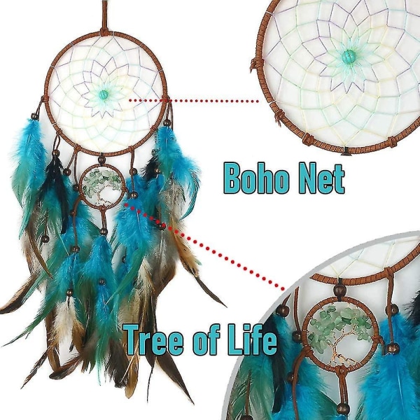 Drømmefanger Blå Livets Tre med Fjær, Mobile Led Fairy Lights Håndlagde indianere Tradisjonelt sirkulært nett kompatibelt med vegghengende dekor, B