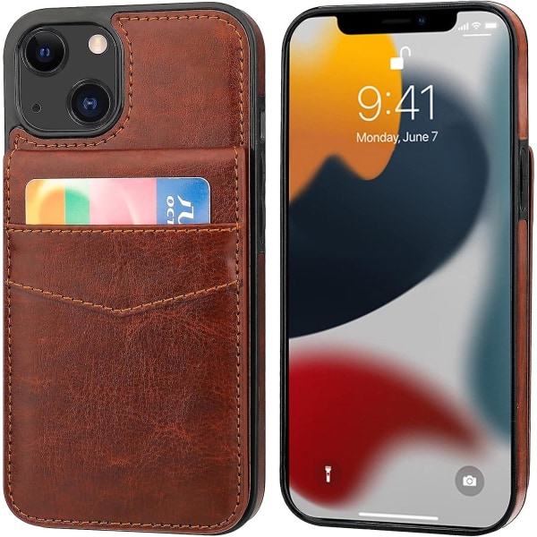 Iphone 13 fodral Plånbok med kredittkort, premium läder magnetlås Kickstand Heavy Duty Skyddsfodral for Iphone 13 6,1 tum (brun)