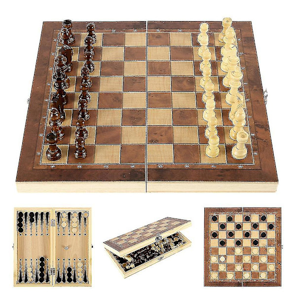 3 i 1 trä internationellt set Backgammon brädpusselspel 34*34cm